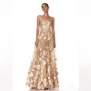 Bronx and Banco Gold Floral Appliqué A-Line Gown Jasmine gold long